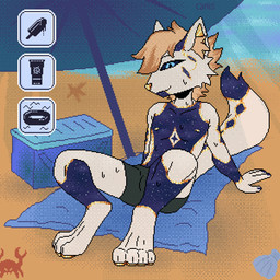 ambient anthro beach beach_towel beach_umbrella blonde_hair bulge choice clothing cosmic_fur dessert food fur hair ice_cream male parasol pawpads paws sand sea simple_background solo sunscreen swimming swimming_trunks swimwear tail throbbing throbbing_bulge towel water badcanis arthropod canid canine crab crustacean decapod fox malacostracan mammal 1:1 animated animated_gif digital_media_(artwork) long_playtime pixel_(artwork) pixel_animation