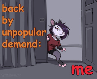 anthro bottomwear clothing digitigrade feet female fingerless_(marking) fingerless_gloves_(marking) gloves_(marking) hair hair_over_eye looking_at_viewer markings pink_nose purple_hair red_clothing red_eyes red_shirt red_t-shirt red_topwear shirt shorts solo t-shirt text toeless_(marking) topwear somesacredbird vivian_(hisstress) american_opossum mammal marsupial virginia_opossum 2026 digital_drawing_(artwork) digital_media_(artwork) english_description english_text hi_res