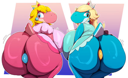 alternate_species anal anal_penetration anthro big_breasts big_butt blonde_hair blue_body blue_eyes breast_size_difference breast_squish breasts breasts_frottage butt butt_size_difference buttplug buttplug_in_ass buttplug_insertion clothing crown dress duo ear_piercing ear_ring eyelashes female female/female hair headgear huge_breasts huge_butt looking_at_viewer looking_back looking_back_at_viewer object_in_ass penetration piercing pink_body plug_(sex_toy) plug_insertion princess rear_view ring_piercing royalty sex_toy sex_toy_in_ass sex_toy_insertion smile squish take_your_pick thick_thighs wiggle_lines trinity-fate62 mario_bros nintendo super_mario_galaxy princess_peach rosalina_(mario) blue_yoshi pink_yoshi scalie yoshi 2023 absurd_res colored digital_drawing_(artwork) digital_media_(artwork) hi_res