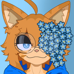 ahoge anthro bangs black_eyeshadow blue_eyes clothed clothing eyelashes eyeshadow eyewear flower forget-me-not_(flower) front_view fur glasses glistening_eyelids hair half-closed_eyes long_eyelashes makeup male messy_hair narrowed_eyes orange_body orange_fur pink_nose plant solo tear_trough aimi_nanao_(artist) aimi_nanao domestic_cat felid feline felis mammal tabby_cat 1:1 digital_media_(artwork) headshot_portrait low_res portrait