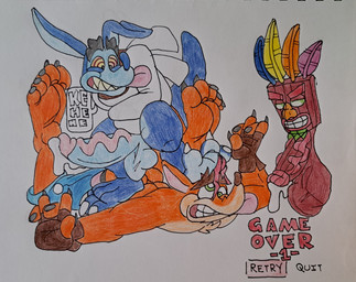 3_toes 4_toes anthro balls bdsm beard big_balls big_penis blue_body blue_fur bodily_fluids bondage bottomwear bound claws clothing defeat defeated dizzy dominant dominant_male facial_hair feathers feet fingerless_gloves foot_fetish foot_focus fur game_over gameplay_mechanics genital_fluids genitals gloves grimace group handwear huge_balls huge_penis hyper hyper_balls hyper_genitalia hyper_penis laugh leaf male mask orange_body orange_fur paws penis precum restraints saggy_balls shorts smile soles spiral spiral_eyes stomping straitjacket submissive submissive_male teeth text toe_claws toes toony trio vein veiny_penis wood wooden_mask barazany420 activision crash_bandicoot_(series) aku_aku crash_bandicoot ripper_roo animate_inanimate bandicoot kangaroo macropod mammal marsupial hi_res