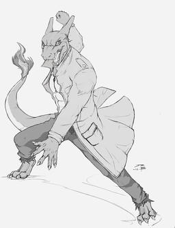 action_pose anthro bottomwear clothed clothing coat horn looking_at_viewer male open_mouth pants pose simple_background solo standing topwear crazydrak nintendo pokemon charizard generation_1_pokemon pokemon_(species) 2012 dated monochrome signature