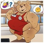 anthro apron belly bodily_fluids clothed clothing emojis gesture half_naked half_naked_male male name_tag overweight overweight_anthro overweight_male partially_clothed plushie short_stack smile solo speech_bubble suggestive suggestive_dialogue suggestive_gesture suggestive_look suggestive_pose sweat thick_thighs trashtoonz ted_(movie) ted_(ted) bear mammal hi_res