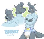 anthro blue_body blue_clothing blue_fur blue_sweater blue_topwear clean_diaper clothed clothing crossed_arms diaper fur green_background male simple_background solo standing sweater text topwear wearing_diaper wetness_indicator white_background pennydawffles kermit_(slusheep) canid canine canis domestic_dog mammal poodle english_text hi_res