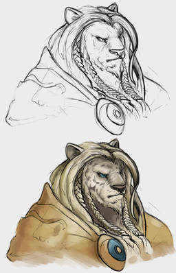 anthro beard blonde_hair blue_eyes braided_hair brown_clothing brown_topwear clothing facial_hair facial_markings front_view fur furrowed_eyebrows grey_background grey_beard grey_body grey_facial_hair grey_fur hair head_markings looking_aside male markings mouth_closed simple_background solo topwear deriaz hasbro magic:_the_gathering wizards_of_the_coast ajani_goldmane felid leonin mammal 2013 bust_portrait colored digital_drawing_(artwork) digital_media_(artwork) greyscale monochrome paint_tool_sai_(artwork) portrait sketch