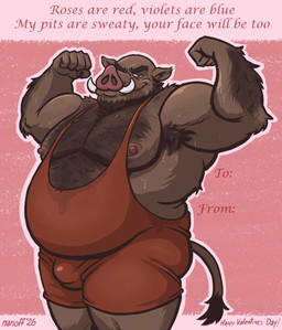anthro arm_hair armpit_hair bald barazoku beard belly belly_hair big_belly bodily_fluids body_hair bulge chest_hair detailed_bulge erect_nipples facial_hair flexing flexing_bicep flexing_both_biceps holiday_message holidays looking_at_viewer male mature_anthro mature_male moobs musclegut muscular muscular_anthro muscular_male nipples obese obese_anthro obese_male overweight overweight_anthro overweight_male solo sweat sweaty_armpit tail text tusks valentine's_day_card nanoff valentine's_day suarez_(nanoff) mammal suid suine sus_(pig) wild_boar 2026 absurd_res english_text hi_res