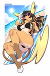 anthro beach beach_towel big_breasts bikini black_bikini black_clothing black_swimwear blonde_highlights bodily_fluids breasts brown_body brown_hair butt chest_tuft clothing eyebrows eyelashes eyewear eyewear_on_head feet female hair highlights_(coloring) looking_at_viewer lying on_back outside pokemorph solo sun sunglasses sunglasses_on_head sweat swimwear tan_body thick_thighs towel tuft two-piece_swimsuit wide_hips ai_assisted harinezumi nintendo pokemon alolan_form alolan_raichu generation_1_pokemon generation_7_pokemon pokemon_(species) raichu regional_form_(pokemon) 2025 absurd_res hi_res