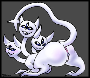 3_eyes 3_heads anus blush butt butt_focus claws female feral genitals horn multi_eye multi_head solo tail toe_claws vulva white_body trapezium deltarune undertale_(series) clover_(deltarune) monster colored shaded