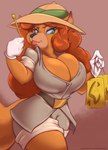 anthro big_breasts bottomwear breasts cleavage clothed clothing female hat headgear headwear mature_female pants shirt solo topwear joelasko disney talespin katie_dodd canid canine fox mammal hi_res