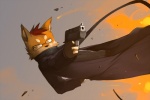 action_pose anthro black_nose clothing coat countershading explosion eyewear frown fur glasses gun hair handgun holding_gun holding_object holding_ranged_weapon holding_weapon looking_at_viewer male orange_body orange_eyes orange_fur pistol pose ranged_weapon red_hair solo topwear weapon vu06 shiranai canid canine canis domestic_dog mammal shiba_inu spitz 3:2