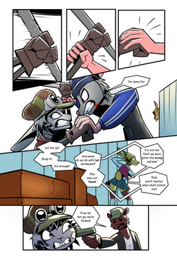 anthro brown_body brown_fur clothed clothed_anthro clothed_female clothed_male clothing cybernetic_arm cybernetic_limb cybernetics dialogue eyewear female female_anthro flat_cap fur goggles grey_body grey_fur gun handgun hat headgear headwear machine male male_anthro metal_pipe ranged_weapon weapon yellow_body yellow_fur gatonejo gadea_(gatonejo) tabby_(gatonejo) bear cyborg deer lagomorph leporid mammal murid murine rabbit rat rodent 2026 absurd_res comic hi_res