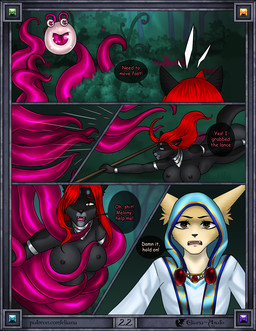 angry anthro areola armor bald big_breasts big_ears big_tail black_areola black_body black_border black_fur black_nipples blue_clothing border bracers breasts brown_eyes clenched_teeth clothed clothing collar dialogue duo erect_nipples fangs female fingers forest forest_background front_view fur gem hair holding_object hood long_hair looking_at_another looking_at_viewer looking_back lying magic_clothing nipples nude on_front one_eye_closed open_mouth outside plant profanity red_gem red_hair restrained restrained_by_tentacles scared shocked side_view solo speech_bubble standing tail tan_body tan_fur teeth tentacles text tree tuft weapon white_clothing yellow_eyes eliana-asato khloe_(eliana-asato) melony_(eliana-asato) canid canine felid feline fennec_fox fox mammal monster tentacle_creature true_fox 2024 comic digital_media_(artwork) english_text hi_res multiple_scenes portrait
