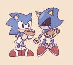 anthro black_eyes black_sclera blue_body blue_fur blush clothing duo eating floating food footwear fur gloves handwear holding_food holding_object hot_dog looking_at_another machine male red_eyes shoes simple_background standing yellow_background buke3jp classic_sonic_(universe) sega sonic_the_hedgehog_(series) classic_sonic metal_sonic sonic_the_hedgehog eulipotyphlan hedgehog mammal robot