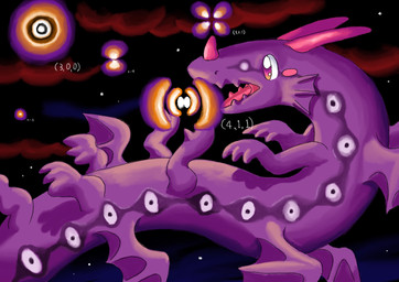 abstract_background ambiguous_gender atom dragon_wings facial_horn feral horn long_body multi_leg multi_limb multi_wing nose_horn number open_mouth physics pink_horn purple_body purple_eyes snout solo text white_text wings mimill3 mythology dragon mythological_creature mythological_scalie scalie hi_res technical_illustration