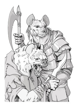 5_fingers angry anthro armor axe barbarian battle_axe bearded_axe clothed clothing duo ear_piercing facial_piercing feather_ear_ring fingers holding_knife holding_melee_weapon holding_object holding_polearm holding_weapon jewelry knife loose_feather male medieval melee_weapon necklace nose_piercing nose_ring open_mouth piercing plate_armor polearm ring_piercing simple_background teeth thick_neck tongue warrior weapon whiskers white_background wraps wrist_wraps ladyofhats cc0 creative_commons dungeons_and_dragons hasbro wizards_of_the_coast gnoll hyena mammal 2017 digital_media_(artwork) greyscale hi_res monochrome