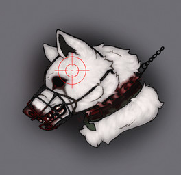 agony black_eyes black_nose blood blood_from_mouth blood_in_mouth blood_on_face blood_on_teeth blood_stain bodily_fluids collar crying_blood electric_collar feral fur gore green_collar gums_(mouth) gun male metal_collar muzzle_(object) muzzled nosebleed punishment ranged_weapon sight solo stained_fur tears teeth teeth_showing torture trauma traumatized weapon white_body white_fur danger_alex_draw canid canine canis canis_lupus mammal wolf absurd_res hi_res icon