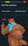 anthro balls belly bodily_fluids body_hair breasts brown_body brown_fur chest_hair clothing erection facial_hair fur genitals hair looking_at_viewer male mascot muscular muscular_male nipples nude penis profanity scarf simple_background solo tail text topwear jirux duolingo falstaff_(duolingo) bear canid canine mammal 2025 absurd_res digital_media_(artwork) english_text hi_res