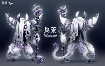 ambiguous_gender antennae_(anatomy) anthro black_sclera claws eye_through_hair hair hooves looking_at_viewer one_eye_obstructed simple_background solo staff tail text translucent translucent_hair white_body white_eyes white_hair ty_poor microsoft ori_(series) xbox_game_studios fan_character woemour_(ty_poor) guardian_spirit 2025 character_name hi_res signature