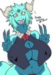 2_horns 4_fingers :d anthro bare_shoulders big_breasts biped black_clothing black_topwear blue_body blue_countershading blue_fur blue_hands blue_markings blue_tail blue_tail_tip breasts claws cleavage_cutout clothing countershade_torso countershading cutout dark_topwear dipstick_tail double_v_sign eye_markings female female_anthro finger_claws fingers forehead_gem fur gem gesture gloves_(marking) green_body green_fur green_tail grey_claws hand_gesture horn kemono long_neck looking_at_viewer markings monotone_horn multicolored_body multicolored_fur navel nipple_outline open_mouth open_smile pawpads pink_pawpads raised_hand red_ribbon simple_background smile smiling_at_viewer solo tail tail_markings tan_horn teal_body teal_face topwear two_tone_body two_tone_fur two_tone_tail v_sign white_background yellow_eyes kazuhiro mythology dragon furred_dragon furred_scalie mythological_creature mythological_scalie scalie 2022 digital_media_(artwork) hi_res