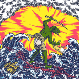 anthro bone bottomwear clothed clothing cloud green_body green_scales male male_anthro scales sea shorts solo surfing topless topless_anthro topless_male water ahmed_oka king_gizzard_and_the_lizard_wizard teenage_lizard aquatic fish lizard reptile scalie 1:1 album_cover cover hi_res