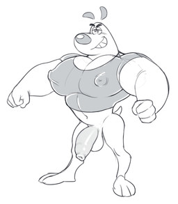 3_toes 4_fingers anthro balls big_muscles big_nipples big_penis blush bottomless clothed clothing darkened_genitalia darkened_penis feet fingers foreskin genitals grin humanoid_genitalia humanoid_penis long_foreskin male muscular muscular_anthro muscular_male navel nipple_outline nipples penis shirt shirt_only smile solo standing tank_top tank_top_only toes topwear topwear_only unretracted_foreskin analon_(artist) nickelodeon t.u.f.f._puppy dudley_puppy canid canine canis domestic_dog mammal black_and_white hi_res monochrome source_request