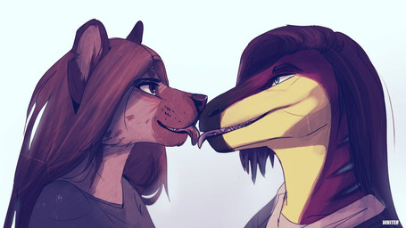 anthro anthro_on_anthro black_clothing black_topwear blue_background blue_eyes brown_body brown_eyes brown_fur brown_hair brown_nose clothed clothing duo female female/female french_kissing fur hair kissing red_body red_tongue side_view simple_background text tongue tongue_out topwear yellow_body unknowhiter hyena mammal species_request 16:9 2015 artist_name widescreen