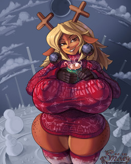 anthro areola beverage big_areola big_breasts big_nipples blonde_hair breasts candy candy_cane chocolate clothed clothing container cup dessert female food freckles hair hot_chocolate huge_areola huge_breasts looking_at_viewer marshmallow mug nipple_outline nipples outside solo standing text thick_thighs snao deltarune undertale_(series) noelle_holiday deer mammal new_world_deer reindeer 2022 dated digital_media_(artwork) english_text hi_res signature