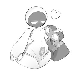 bottom_heavy canon_couple curvy_figure featureless_chest female female_humanoid floating_limbs genitals happy head_on_chest heart_symbol huge_hips huge_thighs humanoidized internal larger_female machine male male/female not_furry plump_labia pregnant pregnant_female pregnant_humanoid screen screen_face size_difference smaller_male thick_thighs vulva wide_hips phosenpai disney pixar wall-e eve_(wall-e) wall-e_(character) android extraterrestrial_vegetation_evaluator humanoid robot waste_allocation_load_lifter_earth-class monochrome