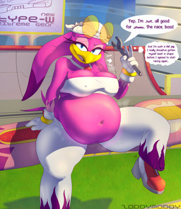 anthro belly belly_jiggle belly_overhang big_belly bodily_fluids breasts breath dialogue female hoverboard huge_belly jiggling looking_at_viewer navel nipple_outline nipples non-mammal_breasts non-mammal_navel non-mammal_nipples overweight overweight_anthro overweight_female panting solo speech_bubble sweat talking_to_viewer text thick_thighs thought_bubble tools wide_hips wrench zetamath sega sonic_riders sonic_the_hedgehog_(series) wave_the_swallow avian bird hirundinid oscine passerine swallow_(bird) absurd_res english_text hi_res