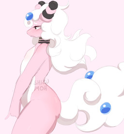 anthro belly big_butt blush blush_lines butt femboy fluffy fluffy_tail hair lidded_eyes male nude pink_background pink_body pokemorph side_view simple_background solo standing tail thick_thighs wavy_hair white_hair shizumoh nintendo pokemon amaranth_(sheep_fried) fan_character generation_6_pokemon mega_ampharos mega_evolution pokemon_(species) shiny_pokemon absurd_res digital_drawing_(artwork) digital_media_(artwork) hi_res portrait signature three-quarter_portrait