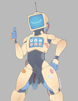 4_fingers anthro balls fingers flaccid foreskin genitals gesture hand_gesture machine male not_furry penis screen screen_face simple_background smile solo text thumbs_up wire bigcozyorca humanoid robot robot_humanoid english_text hi_res