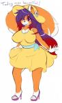 anthro big_breasts black_nose breasts clothed clothing dress female fur hair huge_breasts long_hair multicolored_body multicolored_fur multicolored_hair open_mouth orange_body orange_fur purple_eyes purple_hair red_hair smile solo text two_tone_body two_tone_fur two_tone_hair white_body white_fur wide_hips fyxe_(artist) fyxe canid canine fox mammal english_text