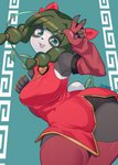 5_fingers anthro asian_clothing black_nose breasts clothing east_asian_clothing female fingers green_body green_eyes green_hair hair simple_background smile solo thick_thighs white_body wide_hips arumo bear giant_panda mammal 2020 hi_res