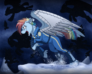 alternate_universe amputee bionics blue_body blue_feathers clothing cybernetics disability feathered_wings feathers female feral flying jumpsuit machine prosthetic prosthetic_limb scar silhouette snow solo wings inuhoshi-to-darkpen crystal_war_timeline friendship_is_magic hasbro my_little_pony mythology rainbow_dash_(mlp) equid equine mammal mythological_creature mythological_equine pegasus 2015