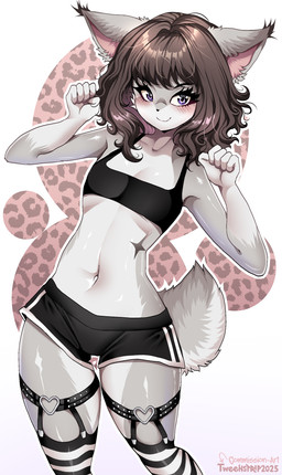 anthro blush bottomwear brown_hair clothed clothing crop_top ear_tuft eyelashes femboy fur fur_markings garter_straps hair legwear looking_at_viewer male markings messy_hair multicolored_body multicolored_fur purple_eyes shirt shorts simple_background small_waist smile solo stockings tail thick_thighs thigh_highs topwear tuft white_background white_body white_fur conditional_dnp tweenstrip felix_(vvaltz) felid feline lynx mammal absurd_res digital_drawing_(artwork) digital_media_(artwork) hi_res