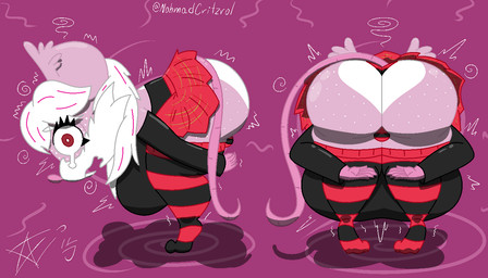 anthro bent_over big_breasts big_butt black_clothing bodily_fluids bottomwear breasts buckteeth bulge butt clothing crying fur gynomorph hair huge_breasts intersex legwear nervous pattern_clothing pattern_legwear pattern_stockings pattern_underwear pink_body pink_fur red_bottomwear red_clothing red_eyes red_skirt shaking skirt solo stockings striped_clothing striped_legwear striped_stockings striped_underwear stripes tears teeth thigh_highs thong underwear white_body white_fur white_hair wide_hips nohmad winter_(nohmad) mammal mouse murid murine rodent 7:4 meme