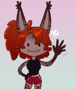 anthro bottomwear brown_body brown_hair clothing emanata female gesture hair hand_on_hip looking_at_viewer markings shorts smile solo spots spotted_body toony topwear waving scorpdk nintendo pokemon pokemon_pokopia mara_(scorpdk) ditto_(pokemon) felid feline generation_1_pokemon lynx mammal pokemon_(species) 2026 absurd_res hi_res