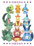 2022 3:4 ambiguous_gender anthro blaziken blue_body blue_eyes character_cipher combusken crossed_arms evolutionary_family feathers feral front_view generation_2_pokemon generation_3_pokemon green_body green_skin group grovyle hi_res looking_at_viewer marshtomp mudkip nintendo orange_body orange_feathers orange_sclera pokemon pokemon_(species) red_body red_feathers saki_pokeoekaki sceptile simple_background sitting smile starter_trio swampert text torchic translated treecko trio unown_(pokemon) unown_e unown_h unown_n unown_o unown_text white_background yellow_sclera