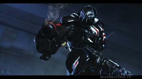 armor fist grey_body gun holding_gun holding_object holding_ranged_weapon holding_weapon low-angle_view male pointing_gun_at_viewer ranged_weapon red_eyes smoking_gun solo weapon sanshiro_iv halo_(series) microsoft quake xbox_game_studios alien sangheili strogg 3d_(artwork) absurd_res colored crossover digital_media_(artwork) hi_res