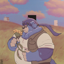 anthro blue_body blue_fur dreamcore field flower fur hair male overweight plant ponytail sky skyscape solo sunflower micius canid canine canis domestic_dog gastropod mammal mollusk snail 1:1 hi_res