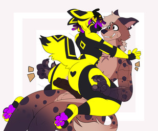 andromorph andromorph/male anthro balls brown_body brown_fur ear_markings fur genitals gold_(metal) gold_tooth heart_(marking) humanoid_genitalia humanoid_penis intersex intersex/male male markings mechanical_arm paws penis power_bottom scar scars_on_chest spots spotted_body yellow_body yellow_fur hoodied ashton_kohler canid canine fennec_fox fox hyena mammal spotted_hyena true_fox hi_res