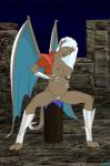 armor bat_wings belly big_belly big_breasts breasts clothing ear_piercing ear_ring female genitals hair irl_trace membrane_(anatomy) membranous_wings piercing pregnant pregnant_female pubes pussy ring_piercing solo teal_wings white_hair white_wings wings fab3716 disney gargoyles delilah_(gargoyles) gargoyle humanoid