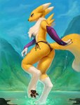 2018 3_toes absurd_res alternate_version_at_source anthro armwear bandai_namco barefoot bikini black_pawpads black_sclera blue_eyes breasts butt butt_pose canid canine claws clothed clothing curling_toes detailed_background digimon digimon_(species) digital_media_(artwork) digitigrade exposure_variation feet female fur hi_res long_legs looking_at_viewer looking_back mammal mountain neck_tuft outside pawpads photonoko pose rear_view renamon soles solo swimwear thick_thighs third-party_edit toes topless tuft water wet yellow_body yellow_fur