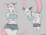 anthro bent_over biped bottomwear breasts bulge cleavage clothed clothing flaccid genitals grey_background gynomorph hanging_breasts intersex penis pupils simple_background solo thick_thighs topwear undressing schmutzo american_opossum mammal marsupial hi_res