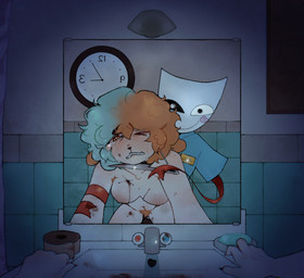 abuse amber_eyes ambiguous_gender antlers areola armpit_hair bangs bathroom bathroom_sex black_eyes black_nose blank_stare blood blood_from_wound blood_on_arm blood_on_breast blood_on_chest blood_on_face blood_on_hand blood_on_leg blood_on_object blood_on_weapon blood_splatter blue_hair blush bodily_fluids body_hair bound breasts brown_antlers brown_hair brown_pubes bruised clenched_teeth clock clothing collared_shirt creepy creepy_smile crossed_bangs crying curly_hair cutlery drooling duo ear_piercing female female/ambiguous female_pov first_person_view fist fluffy fluffy_hair forced freckled_face freckled_shoulders freckles from_behind_position genital_fluids hair happy_trail heterochromia horn kitchen_knife kitchen_utensils knife knife_play knife_to_throat leaning_on_furniture looking_at_viewer makeup mask messy_hair mirror mirror_reflection multicolored_hair name_tag night nipples nosebleed nude one_eye_closed pain pained_expression piercing pubes pupils rape receiving_pov red_ribbon reflection ribbons sadism saliva scared sex sharp_teeth shirt shower_curtain sink slit_(wound) small_pupils smile soap strapon tape tears tears_of_fear tears_of_pain teary_eyes teeth tile tile_wall tools topwear torture two_tone_hair uniform violence wall_(structure) wall_clock water weapon white_eyes white_pupils wince wounded deerttore glitch_productions the_amazing_digital_circus gangle_(tadc) rot_(deerttore) animal_humanoid animate_inanimate cervine cervine_humanoid deer deer_humanoid humanoid living_mask mammal mammal_humanoid 2026 hi_res female_(lore) nonbinary_(lore)