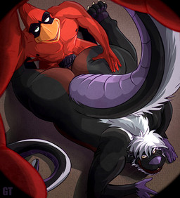 anal anal_penetration anthro athletic big_butt big_tail black_body black_fur butt butt_grab duo feathers fur hair hand_on_butt looking_at_viewer male male/male overweight overweight_male penetration red_body red_feathers tail white_hair gtskunkrat gtskunkrat_(character) pulsar_(character) avian bird cardinal_(bird) hybrid mammal mephitid murid murine oscine passerine rat rodent skunk