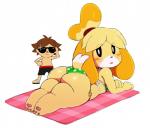 2017 accessory animal_crossing anthro anthro_focus beady_eyes big_butt bikini blush butt canid canine canis clothing digital_media_(artwork) domestic_dog duo eyewear female hair_accessory hair_tie hi_res human isabelle_(animal_crossing) lying male mammal nintendo on_front open_mouth pawpads paws shih_tzu short_stack simple_background slightly_chubby sssonic2 sunglasses swimwear thick_thighs toy_dog two-piece_swimsuit villager_(animal_crossing) white_background wide_hipped_anthro wide_hipped_female wide_hips