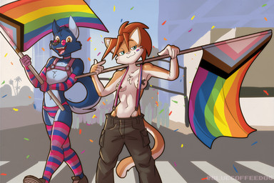 anthro bisexual_pride_colors blue_body blue_eyes blue_fur clothed clothing confetti detailed_background duo female flag flag_(object) fur hair harness lgbt_pride male male/female nipple_tape orange_body orange_eyes orange_fur orange_hair pasties pride_color_clothing pride_colors progress_pride_colors suspenders tape topless topless_female waving_flag bluecoffeedog amber_(bluecoffeedog) liberty_(bluecoffeedog) canid canine canis domestic_cat domestic_dog felid feline felis mammal 3:2
