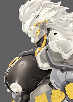 areola barazoku big_muscles big_pecs black_body glowing glowing_eyes gold_(metal) gold_tooth hair huge_pecs machine male manly metal muscular muscular_male muscular_robot nipples not_furry not_furry_focus pecs solo white_hair white_nipples yuufreak mihoyo zenless_zone_zero banyue_(zenless_zone_zero) humanoid robot robot_humanoid