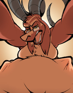 anthro belly big_belly bloated bodily_fluids bovid_horn brown_body brown_fur bulging_belly caprine_horn drooling duo eyewear first_person_view fur glasses goat_horn horn huge_belly imminent_death imminent_digestion imminent_vore long_ears looking_at_viewer male open_mouth pinned saliva vore boot_(artist) montana_(boot) bovid caprine goat mammal 2019